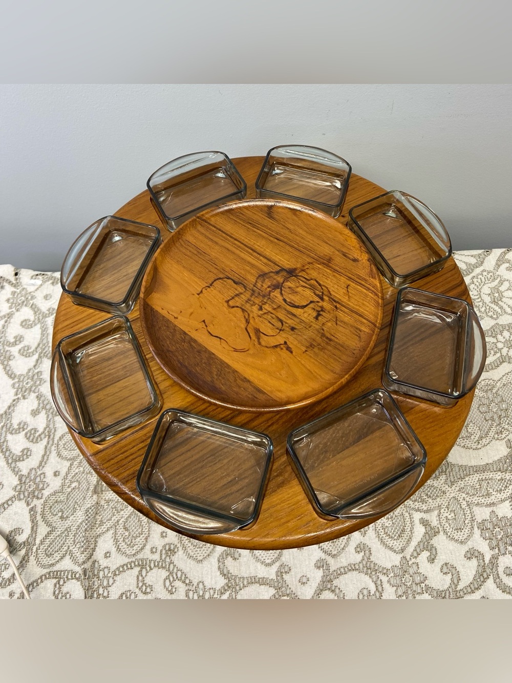 Digsmed Denmark Teak Lazy Susan with 8 Smoked Glass Dishes *As Found*